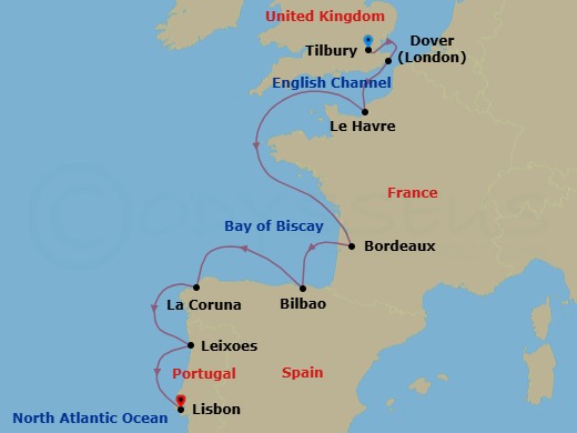 Route map: London (Tilbury) → Dover → Paris (Le Havre) → Bordeaux → Bilbao → A Coruna → Porto (Leixoes) → Lisbon