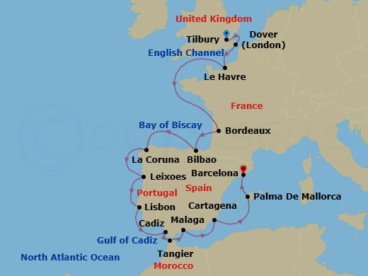 Route map: London (Tilbury) → Dover → Paris (Le Havre) → Bordeaux → Bilbao → A Coruna → Porto (Leixoes) → Lisbon → Seville (Cadiz) → Tangier