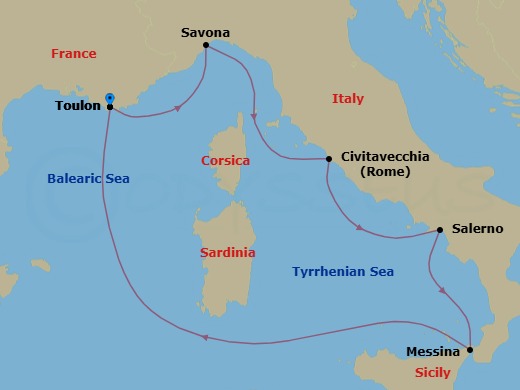 Route map: La Seyne(StTropez) → Savona → Civitavecchia (Rome) → Salerno (Amalfi Coast) → Messina (Taormina) → La Seyne(StTropez)