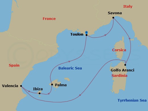 Route map: La Seyne(StTropez) → Savona → GOLFO ARANCI → Valencia → IBIZA → PALMA DE MALLORCA → La Seyne(StTropez)