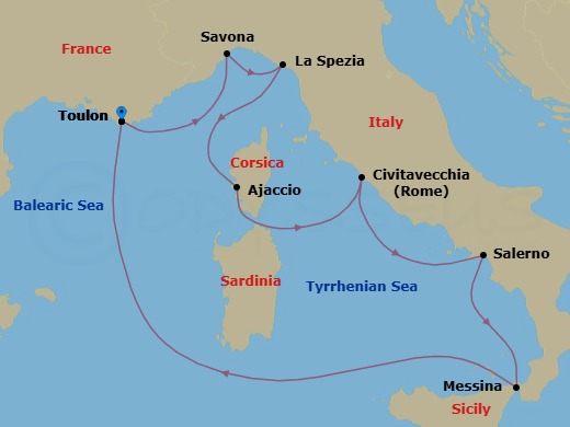 Route map: La Seyne(StTropez) → Savona → La Spezia (Florence) → Ajaccio (Corsica) → Civitavecchia (Rome) → Salerno (Amalfi Coast) → Messina (Taormina) → La Seyne(StTropez)