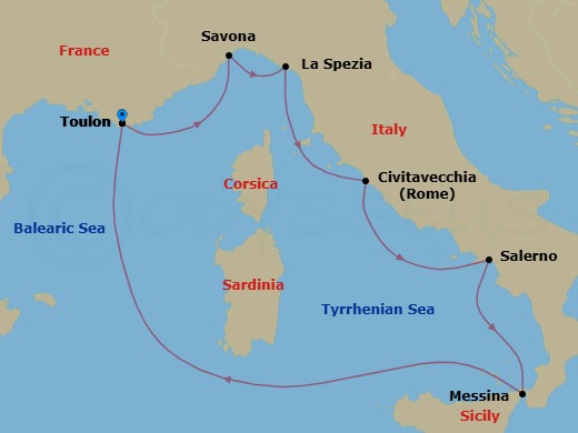 Route map: La Seyne(StTropez) → Savona → La Spezia (Florence) → Civitavecchia (Rome) → Salerno (Amalfi Coast) → Messina (Taormina) → La Seyne(StTropez)