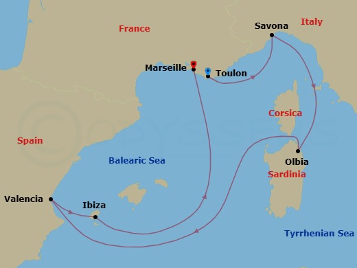 Route map: La Seyne(StTropez) → Savona → Olbia (costa Smeralda) → Valencia → IBIZA → Marseille