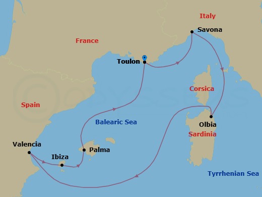Route map: La Seyne(StTropez) → Savona → Olbia (costa Smeralda) → Valencia → IBIZA → PALMA DE MALLORCA → La Seyne(StTropez)