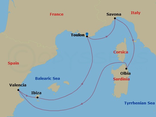 Route map: La Seyne(StTropez) → Savona → Olbia (costa Smeralda) → Valencia → IBIZA → La Seyne(StTropez)