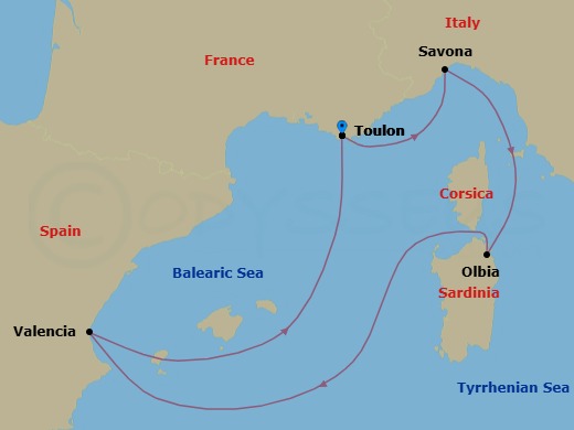 Route map: La Seyne(StTropez) → Savona → Olbia (costa Smeralda) → Valencia → La Seyne(StTropez)