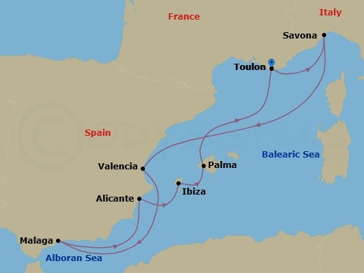 Route map: La Seyne(StTropez) → Savona → Valencia → Malaga → Alicante → IBIZA → PALMA DE MALLORCA → La Seyne(StTropez)