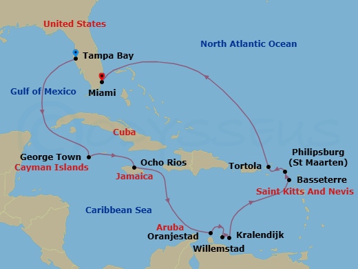 Route map: Tampa Bay → George Town → Ocho Rios → Oranjestad → Willemstad → Bonaire (Kralendijk) → Basseterre → Philipsburg → Tortola → Miami
