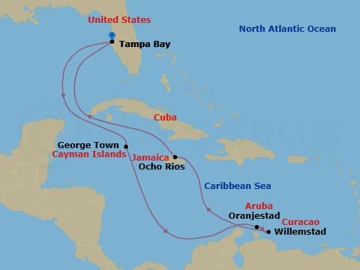 Route map: Port Tampa Bay → George Town, Grand Cayman → Oranjestad, Aruba → Willemstad, Curacao → Ocho Rios, Jamaica → Port Tampa Bay