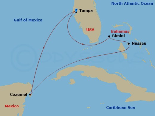 Route map: Tampa, Florida → Bimini, Bahamas → Nassau, Bahamas → Cozumel, Mexico → Tampa, Florida