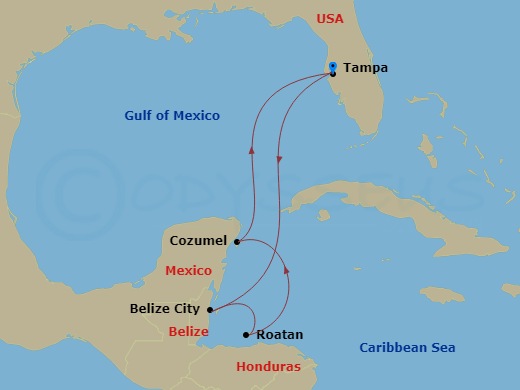 Route map: Tampa, Florida → Belize City, Belize → Roatan, Honduras → Cozumel, Mexico → Tampa, Florida