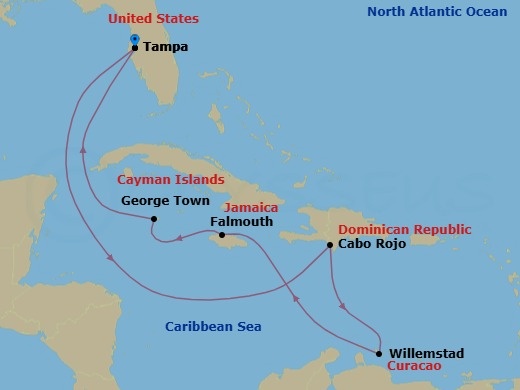 Route map: Tampa, Fl → Cabo Rojo, Dominican Republic → Willemstad, Netherland Antilles → Falmouth, Jamaica → George Town, Cayman Islands → Tampa, Fl