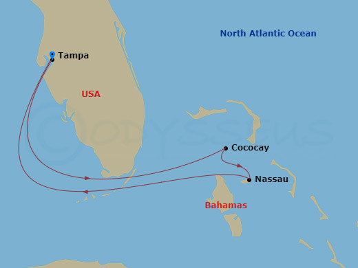 Route map: Tampa, Florida → Perfect Day Cococay, Bahamas → Nassau, Bahamas → Tampa, Florida
