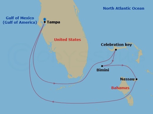Route map: Tampa → Celebration Key, The Bahamas → Bimini → Nassau → Tampa