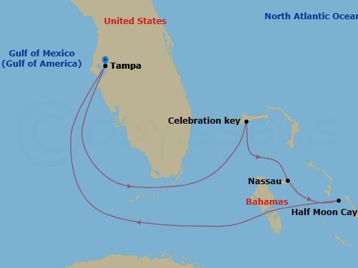 Route map: Tampa, Fl → Celebration Key, The Bahamas → Nassau, The Bahamas → Relaxaway, Half Moon Cay → Tampa, Fl