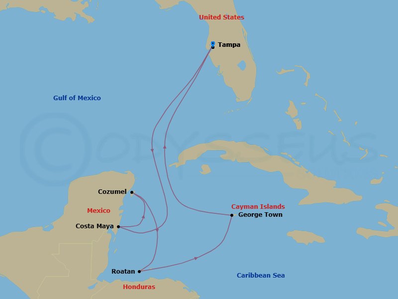 Route map: Tampa, Florida → Puerto Costa Maya, Mexico → Cozumel, Mexico → Roatan, Honduras → George Town, Grand Cayman → Tampa, Florida