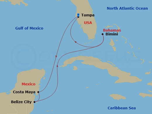 Route map: Tampa, Florida → Puerto Costa Maya, Mexico → Belize City, Belize → Bimini, Bahamas → Tampa, Florida
