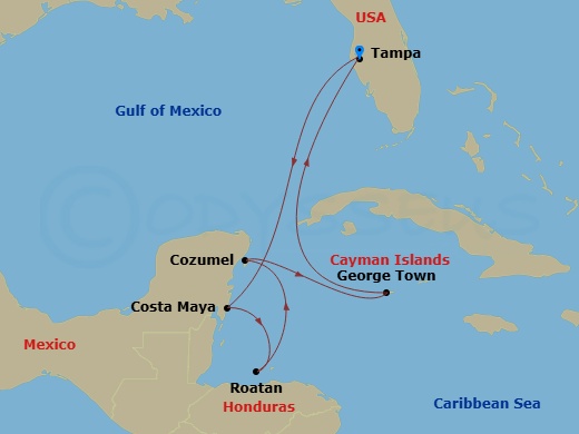 Route map: Tampa, Florida → Puerto Costa Maya, Mexico → Roatan, Honduras → Cozumel, Mexico → George Town, Grand Cayman → Tampa, Florida