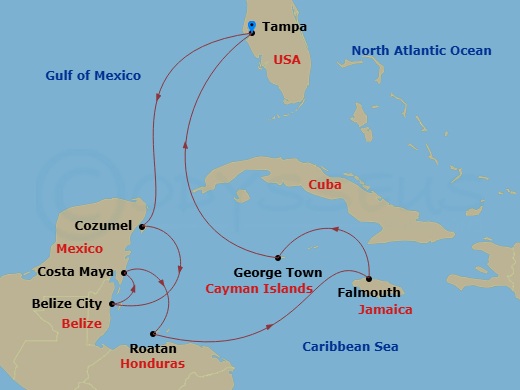 Route map: Tampa, Florida → Cozumel, Mexico → Belize City, Belize → Puerto Costa Maya, Mexico → Roatan, Honduras → Falmouth, Jamaica → George Town, Grand Cayman → Tampa, Florida