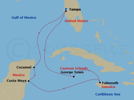 Route map: Tampa, Florida → Cozumel, Mexico → Puerto Costa Maya, Mexico → Falmouth, Jamaica → George Town, Grand Cayman → Tampa, Florida