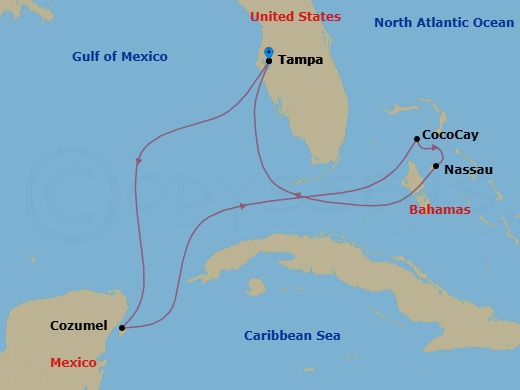 Route map: Tampa, Florida → Cozumel, Mexico → Perfect Day Cococay, Bahamas → Nassau, Bahamas → Tampa, Florida