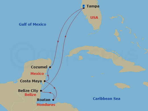 Route map: Tampa, Florida → Cozumel, Mexico → Puerto Costa Maya, Mexico → Roatan, Honduras → Belize City, Belize → Tampa, Florida