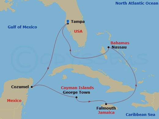 Route map: Tampa, Fl → Cozumel, Mexico → George Town, Cayman Islands → Falmouth, Jamaica → Nassau, Bahamas → Tampa, Fl