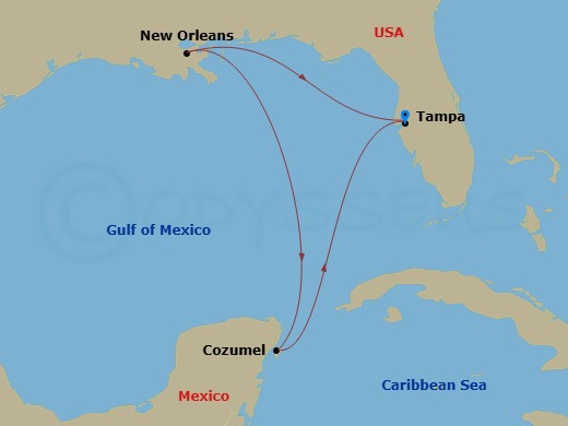 Route map: Tampa, Fl → Cozumel, Mexico → New Orleans, La → Tampa, Fl