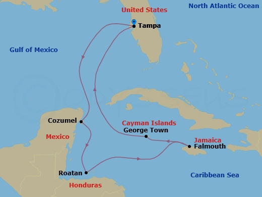 Route map: Tampa, Florida → Cozumel, Mexico → Roatan, Honduras → Falmouth, Jamaica → George Town, Grand Cayman → Tampa, Florida
