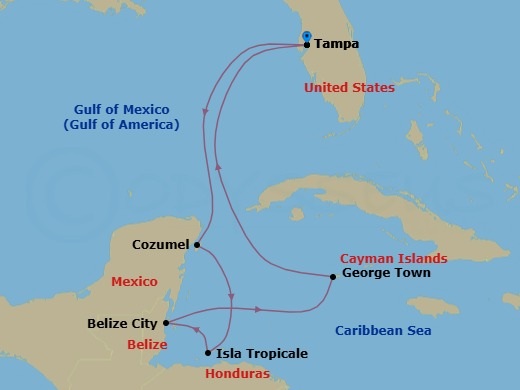 Route map: Tampa → Cozumel → Isla Tropicale, Roatan → Belize City → George Town → Tampa