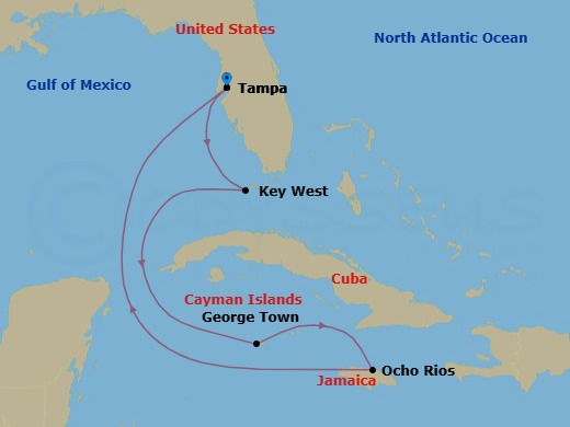Route map: Port Tampa Bay → Key West, FL → George Town, Grand Cayman → Ocho Rios, Jamaica → Port Tampa Bay