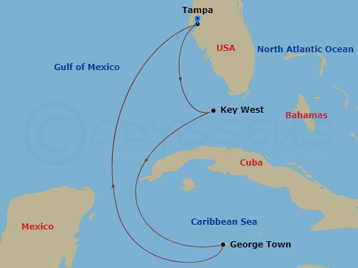 Route map: Port Tampa Bay → Key West, FL → George Town, Grand Cayman → Port Tampa Bay