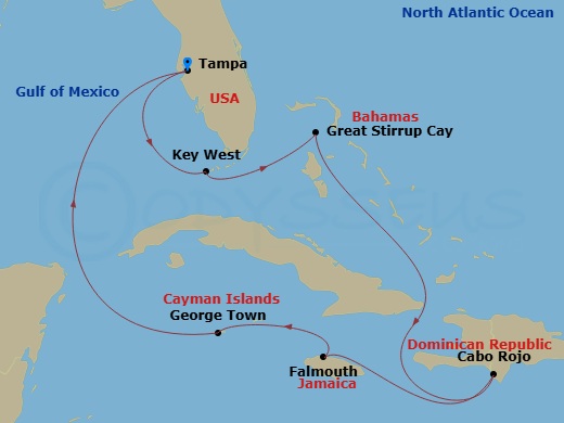 Route map: Tampa, Fl → Key West, Fl → Great Stirrup Cay, Bahamas → Cabo Rojo, Dominican Republic → Falmouth, Jamaica → George Town, Cayman Islands → Tampa, Fl