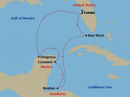 Route map: Port Tampa Bay → Key West, FL → Roatan, Honduras → Cozumel, Mexico → Progreso, Mexico → Port Tampa Bay