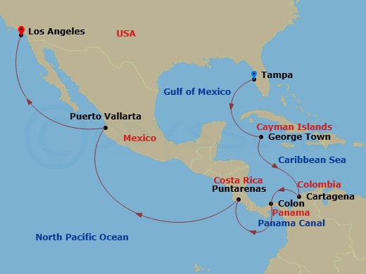 Route map: Tampa, Florida → George Town, Grand Cayman → Cartagena, Colombia → Colon, Panama → Puntarenas, Costa Rica → Puerto Vallarta, Mexico → Los Angeles, California