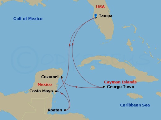Route map: Tampa, Florida → George Town, Grand Cayman → Cozumel, Mexico → Roatan, Honduras → Puerto Costa Maya, Mexico → Tampa, Florida