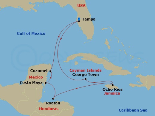 Route map: Tampa, Florida → George Town, Grand Cayman → Ocho Rios, Jamaica → Roatan, Honduras → Puerto Costa Maya, Mexico → Cozumel, Mexico → Tampa, Florida