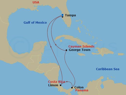 Route map: Tampa, Fl → Grand Cayman, Cayman Islands → Colon (Panama Canal), Panama → Limon, Costa Rica → Tampa, Fl