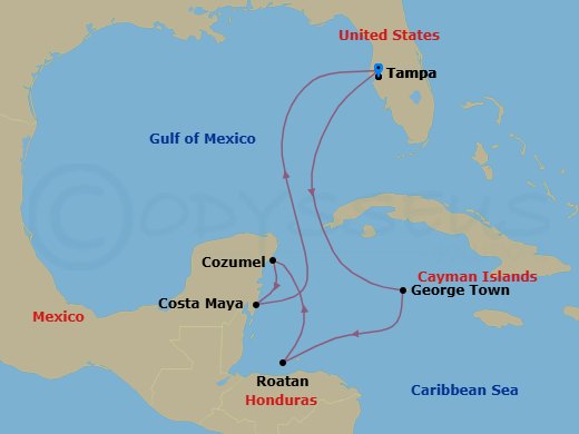 Route map: Tampa, Florida → George Town, Grand Cayman → Roatan, Honduras → Cozumel, Mexico → Puerto Costa Maya, Mexico → Tampa, Florida