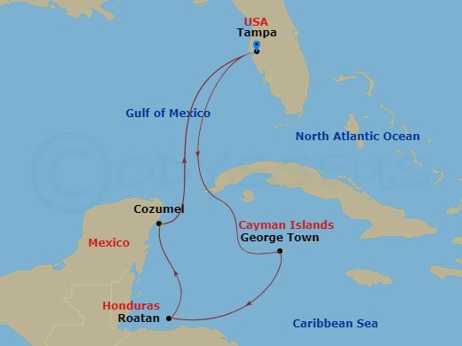 Route map: Port Tampa Bay → George Town, Grand Cayman → Roatan, Honduras → Belize City, Belize → Cozumel, Mexico → Port Tampa Bay