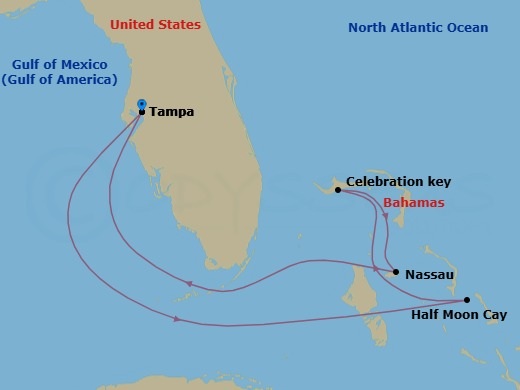 Route map: Tampa, Fl → Relaxaway, Half Moon Cay → Celebration Key, The Bahamas → Nassau, The Bahamas → Tampa, Fl