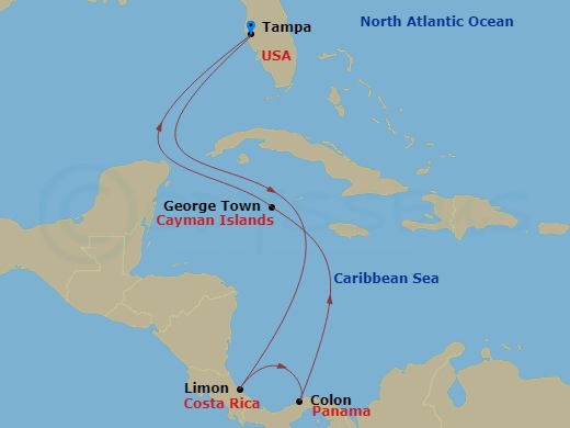 Route map: Tampa, Fl → Limon, Costa Rica → Colon (Panama Canal), Panama → Grand Cayman, Cayman Islands → Tampa, Fl