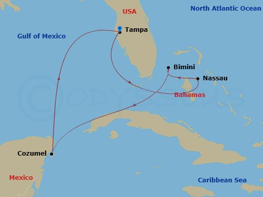 Route map: Tampa, Florida → Nassau, Bahamas → Bimini, Bahamas → Cozumel, Mexico → Tampa, Florida