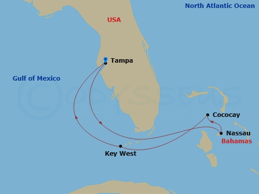 Route map: Tampa, Florida → Nassau, Bahamas → Perfect Day Cococay, Bahamas → Key West, Florida → Tampa, Florida