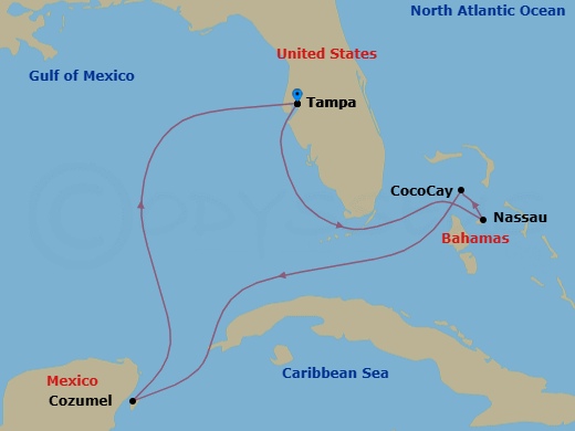 Route map: Tampa, Florida → Nassau, Bahamas → Perfect Day Cococay, Bahamas → Cozumel, Mexico → Tampa, Florida