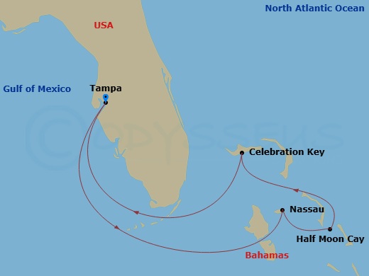 Route map: Tampa, Fl → Nassau, The Bahamas → Relaxaway, Half Moon Cay → Celebration Key, The Bahamas → Tampa, Fl