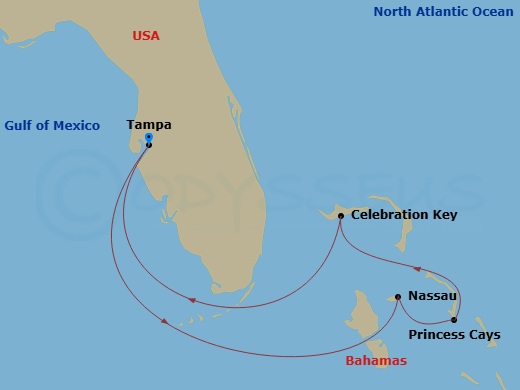 Route map: Tampa, Fl → Nassau, The Bahamas → Princess Cays, The Bahamas → Celebration Key, The Bahamas → Tampa, Fl