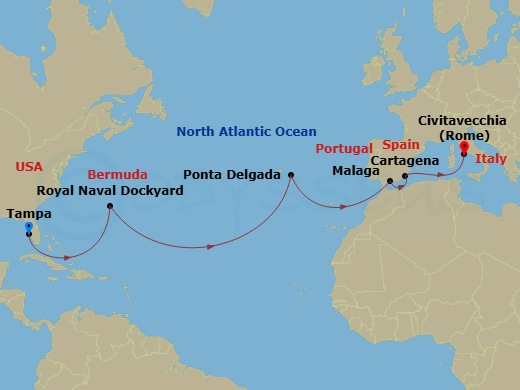 Route map: Tampa, Florida → Royal Naval Dockyard,Bermuda → Ponta Delgada, Azores → Malaga, Spain → Cartagena, Spain → Rome (Civitavecchia), Italy