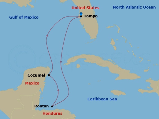 Route map: Tampa, Florida → Roatan, Honduras → Cozumel, Mexico → Tampa, Florida