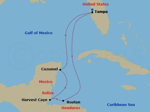Route map: Tampa, Fl → Roatan  Bay Islands, Honduras → Harvest Caye, Belize → Cozumel, Mexico → Tampa, Fl